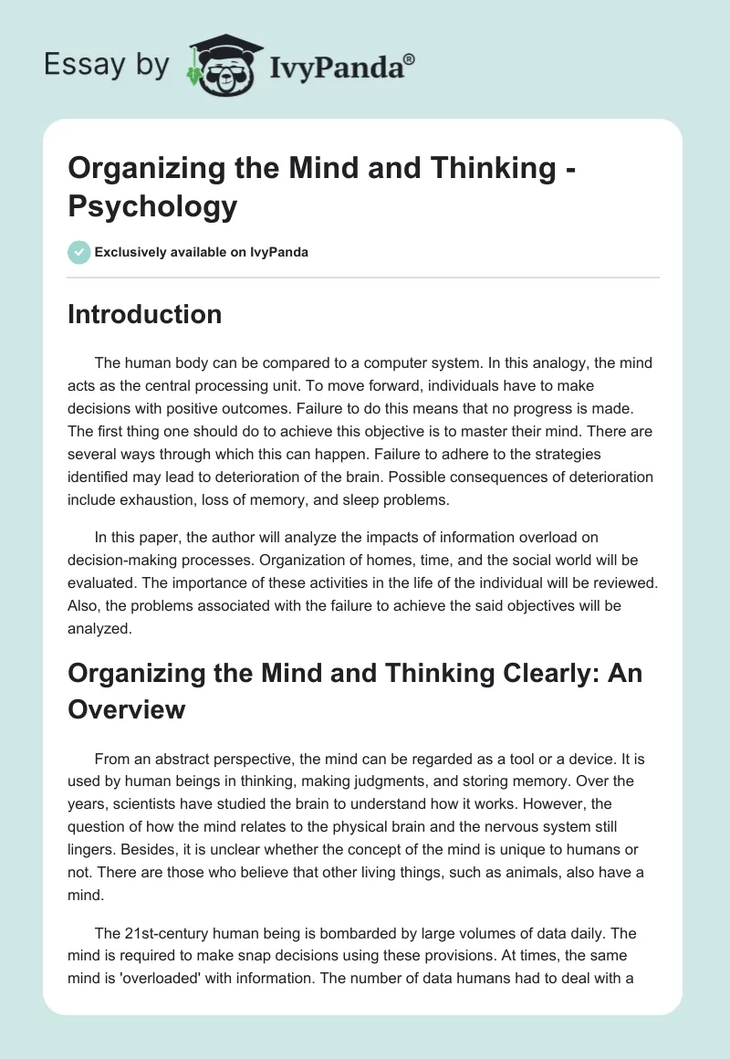Organizing the Mind and Thinking - Psychology. Page 1