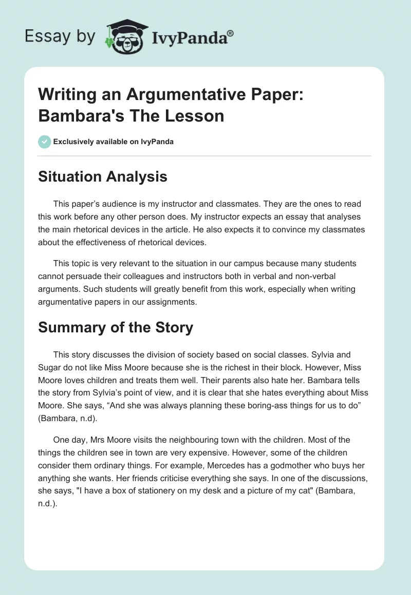 Writing an Argumentative Paper: Bambara's "The Lesson". Page 1