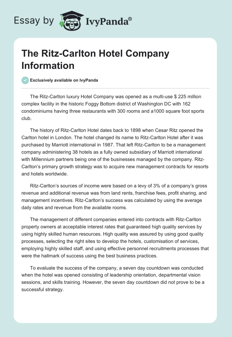 The Ritz-Carlton Hotel Company Information. Page 1