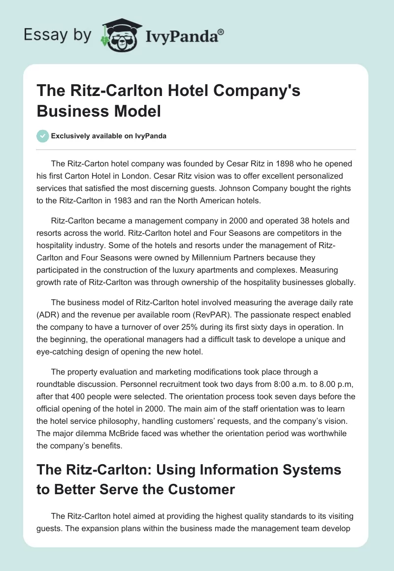 The Ritz-Carlton Hotel Company's Business Model. Page 1
