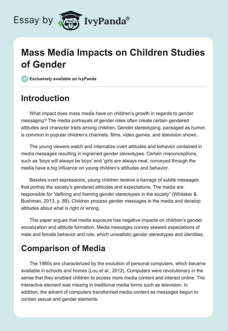 Mass Media Impacts on Children Studies of Gender. Page 1