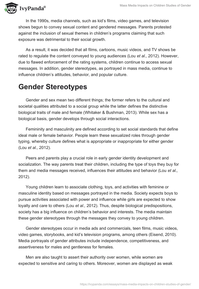 Mass Media Impacts on Children Studies of Gender. Page 2