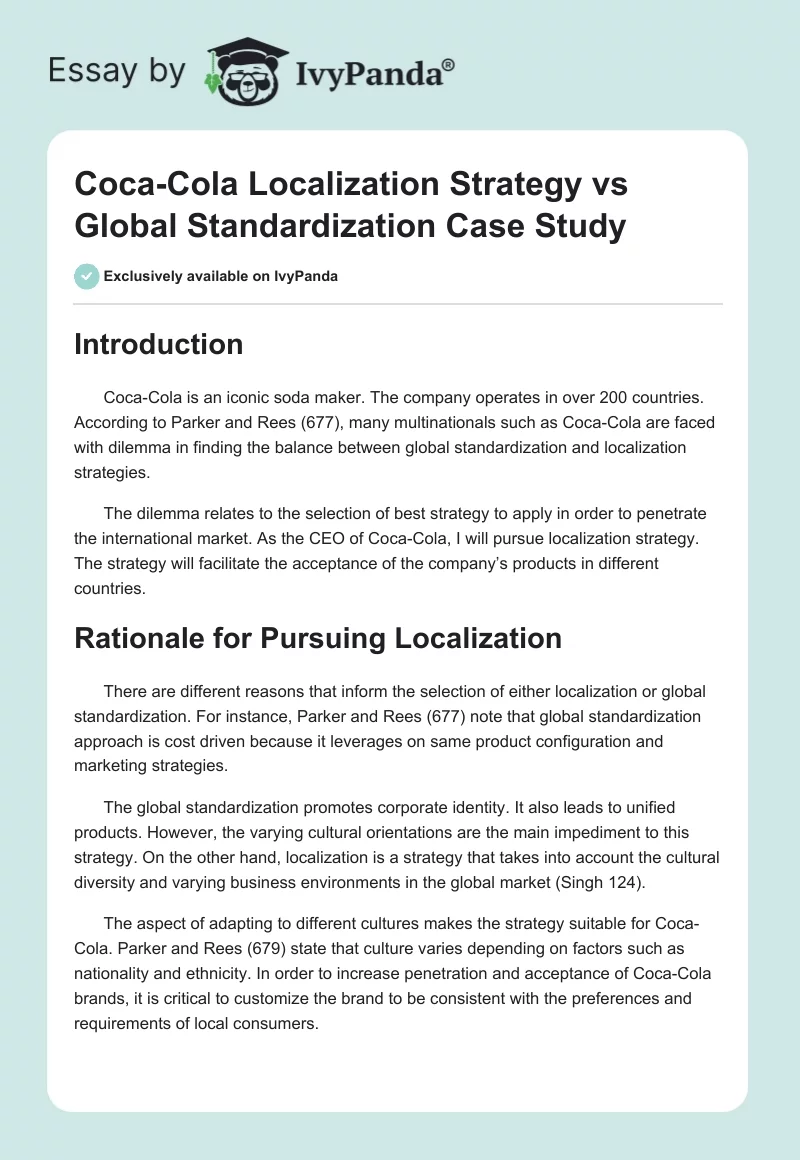 Coca-Cola Localization Strategy vs. Global Standardization Case Study. Page 1