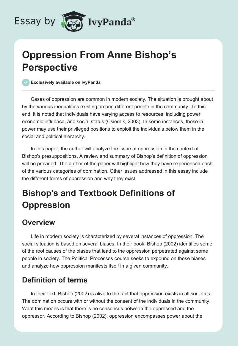 Oppression From Anne Bishop’s Perspective. Page 1