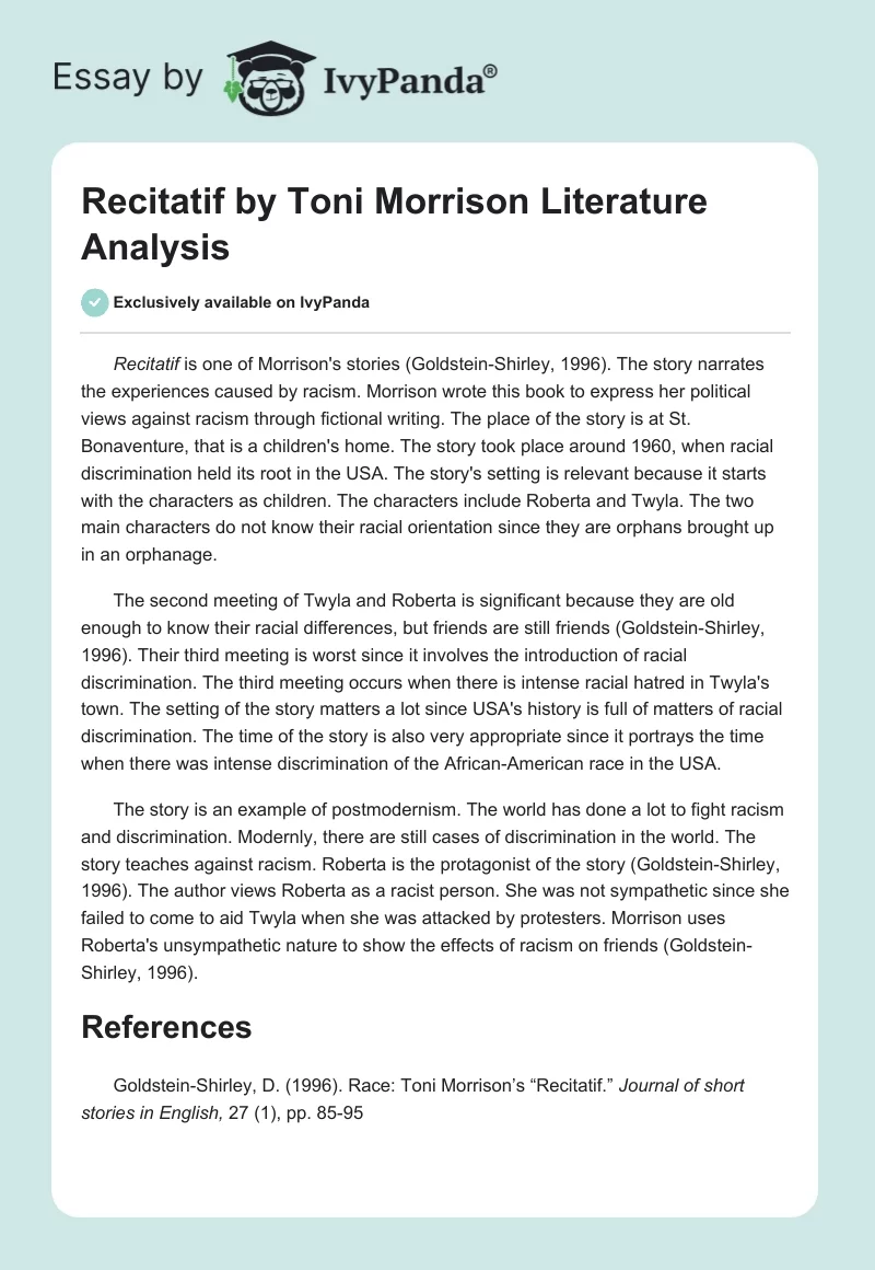 "Recitatif" by Toni Morrison Literature Analysis. Page 1