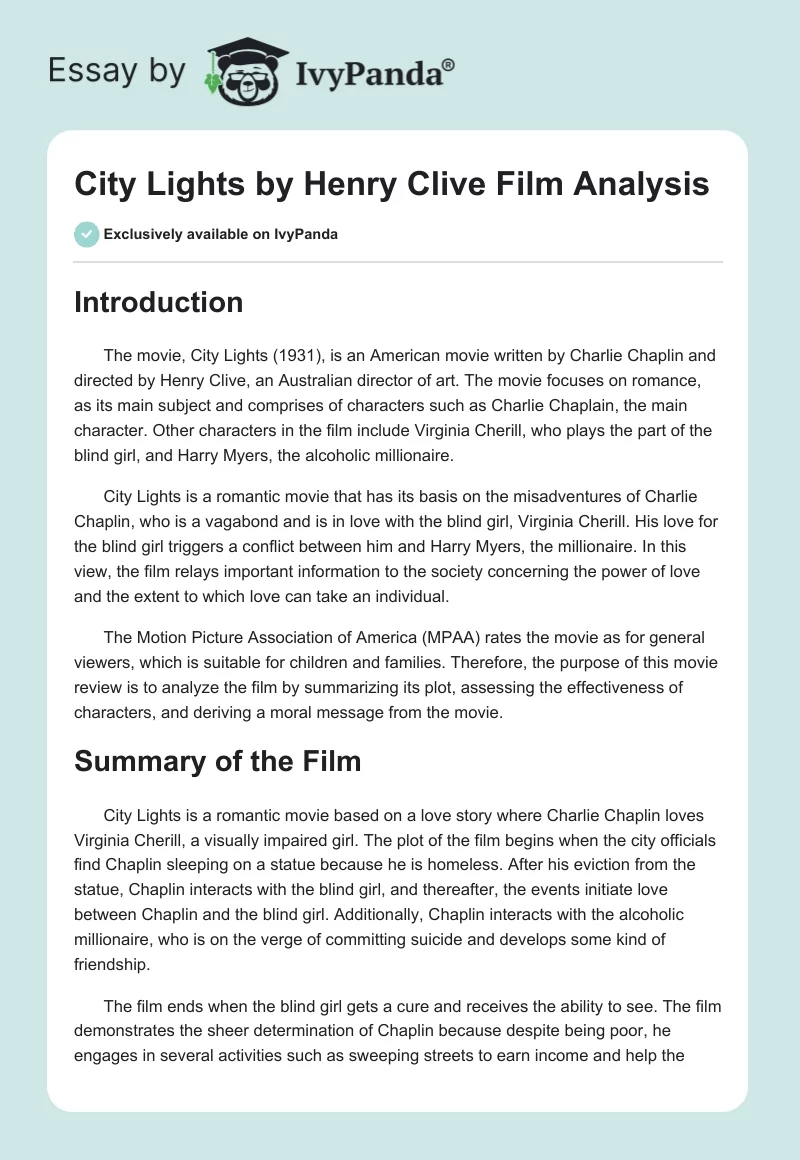 "City Lights" by Henry Clive Film Analysis. Page 1