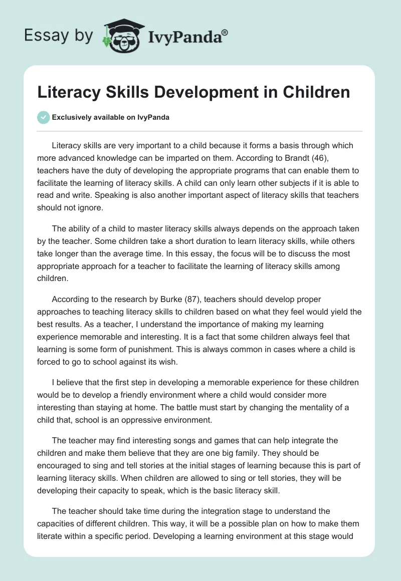 Literacy Skills Development in Children. Page 1