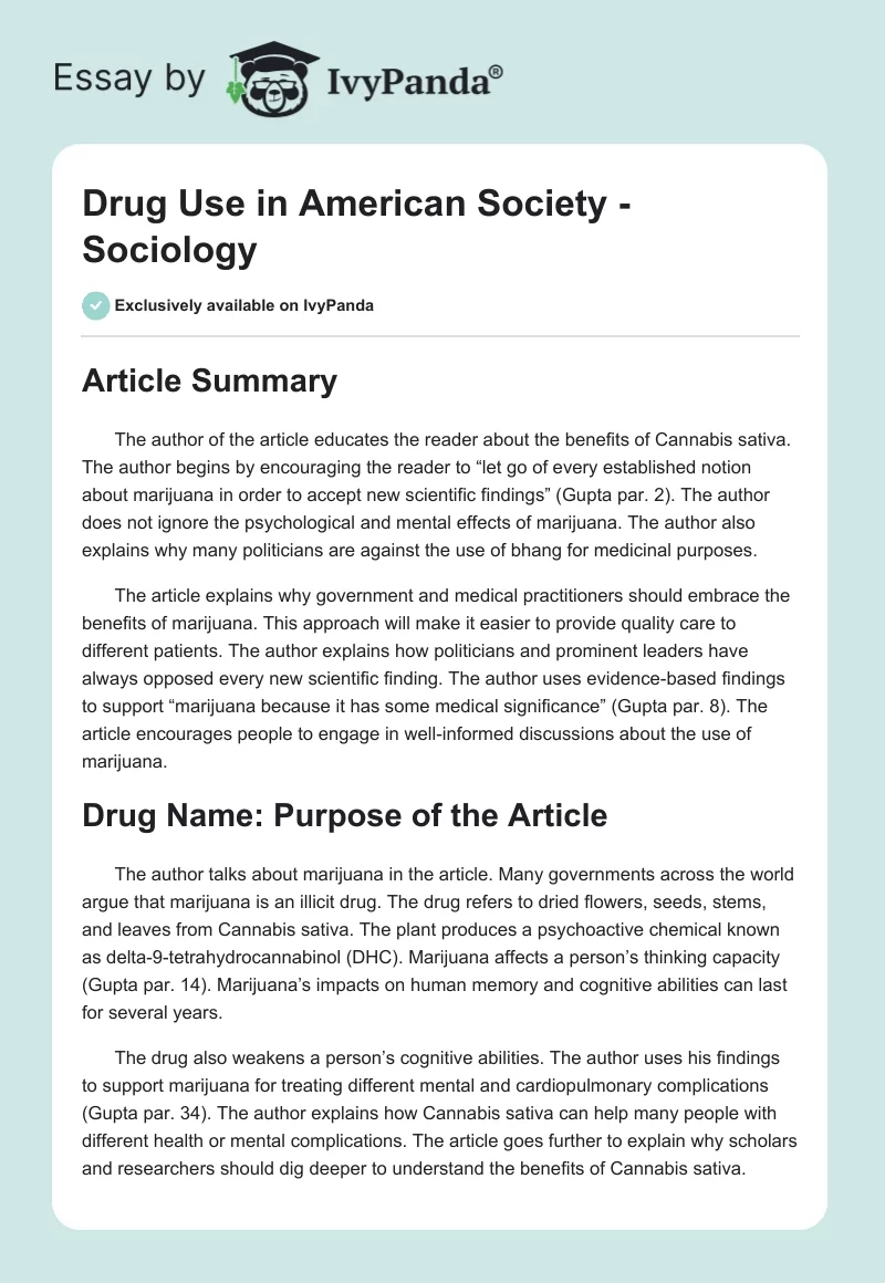 Drug Use in American Society - Sociology. Page 1