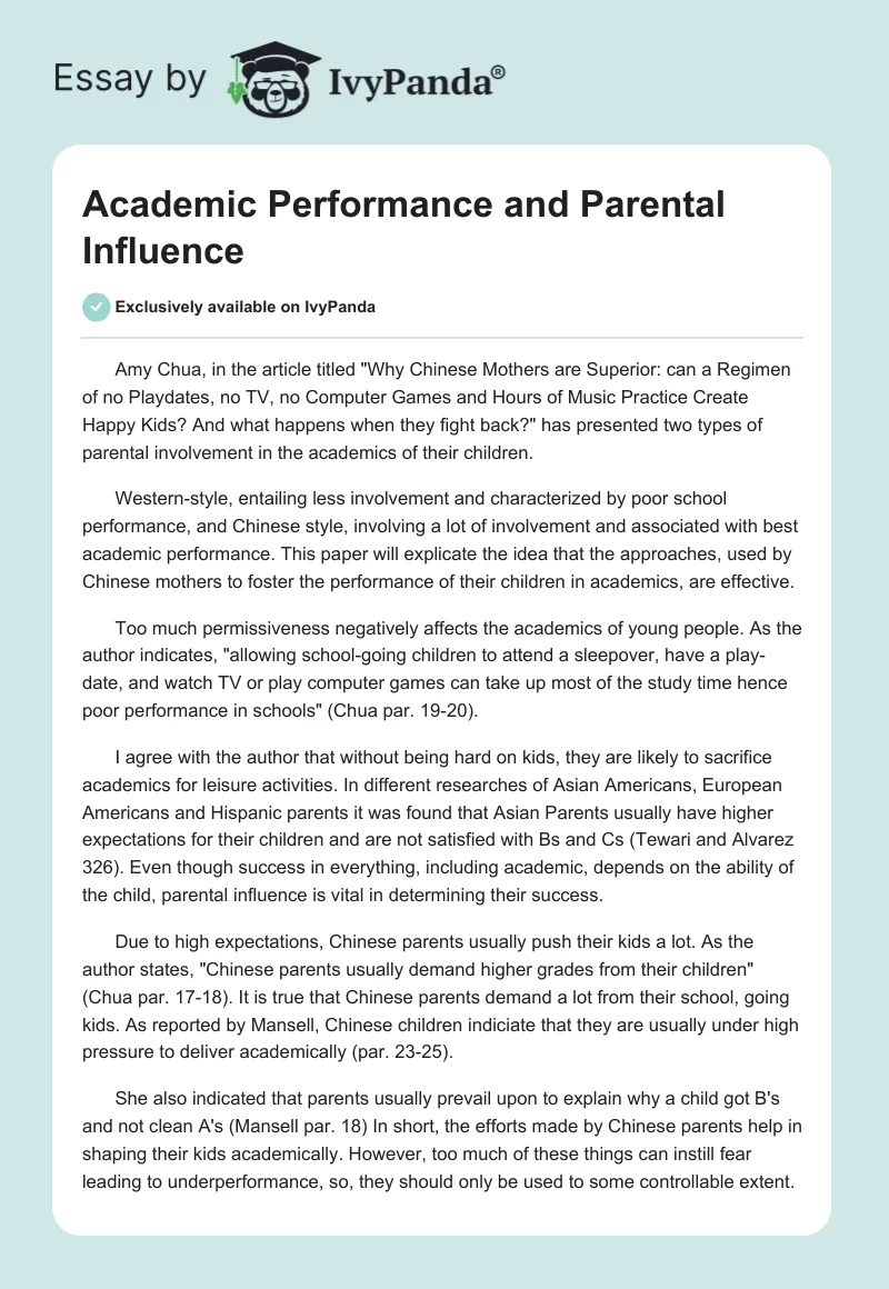 Academic Performance and Parental Influence. Page 1