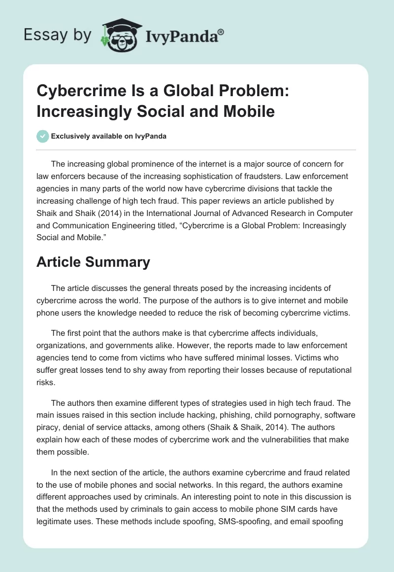 Cybercrime Is a Global Problem: Increasingly Social and Mobile. Page 1