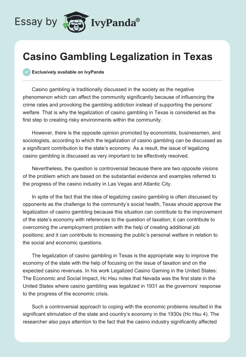Casino Gambling Legalization in Texas. Page 1