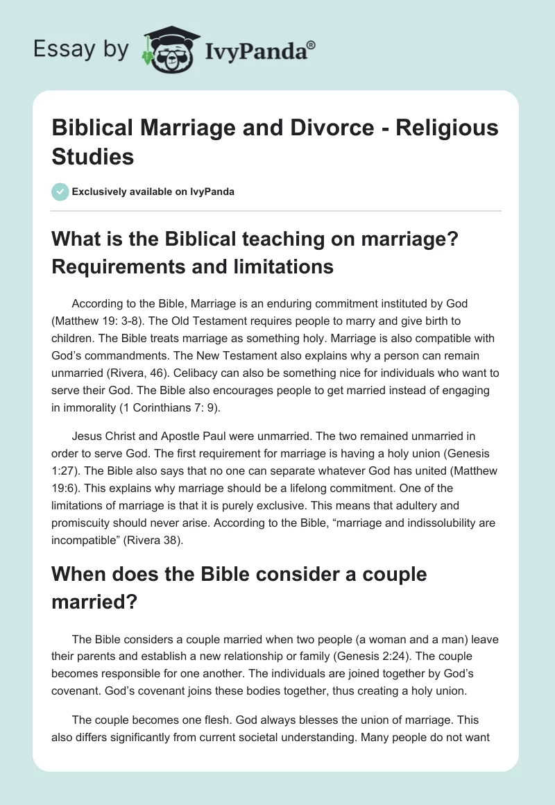 Biblical Marriage and Divorce - Religious Studies. Page 1