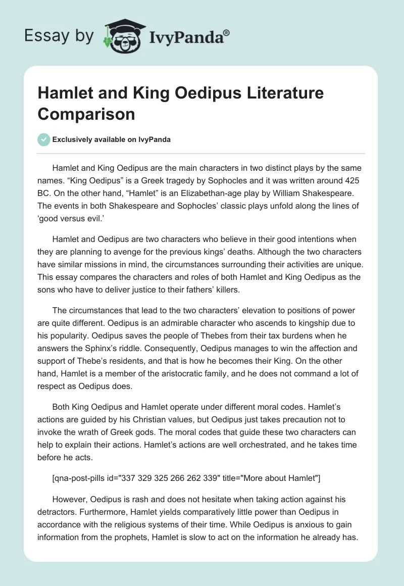 Hamlet and King Oedipus Literature Comparison. Page 1