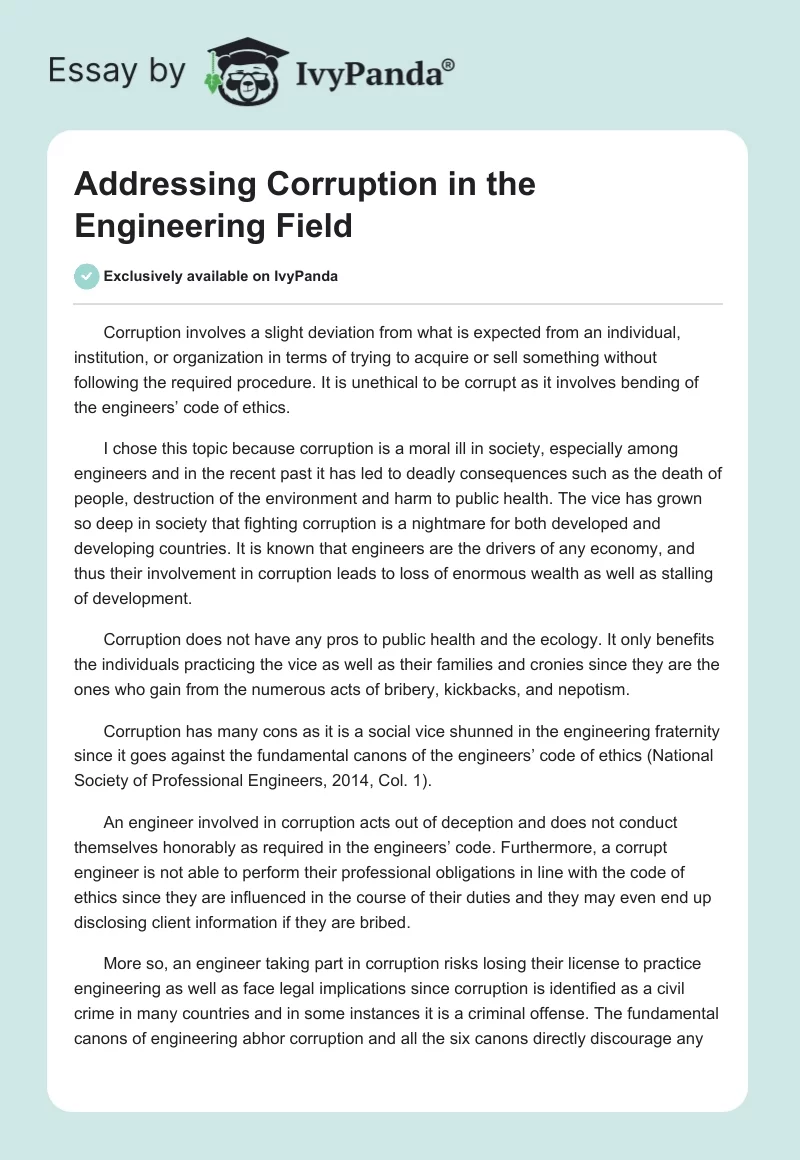 Addressing Corruption in the Engineering Field. Page 1