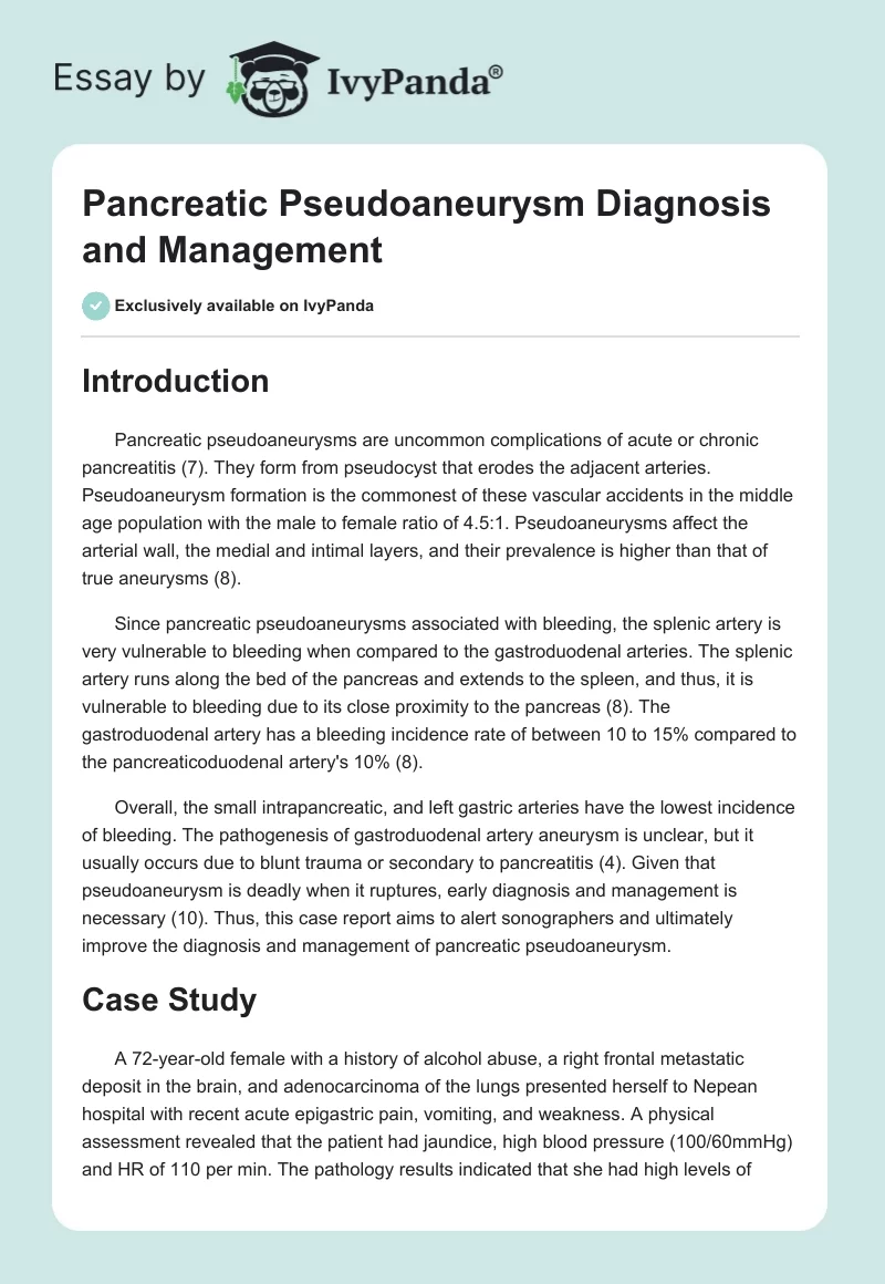 Pancreatic Pseudoaneurysm Diagnosis and Management. Page 1