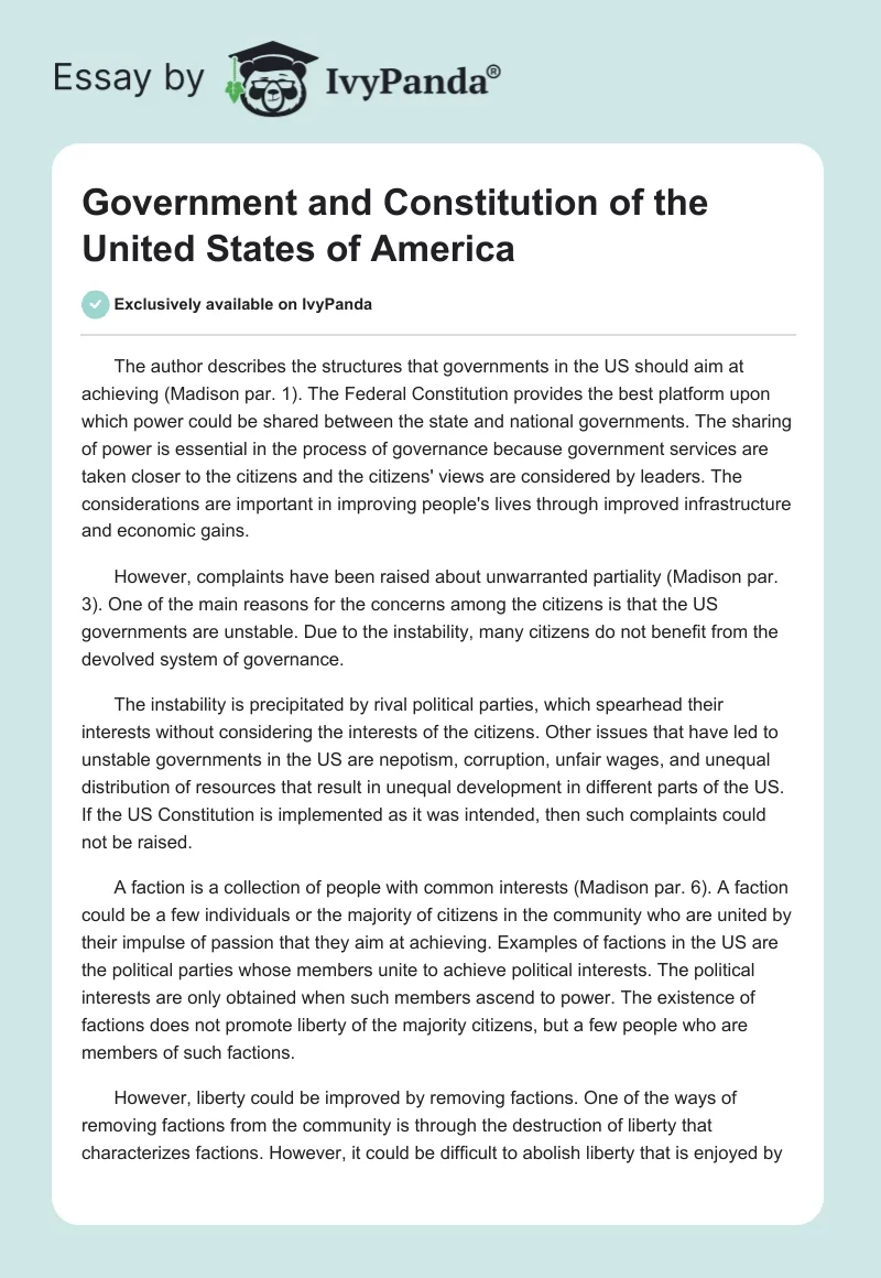 Government and Constitution of the United States of America. Page 1