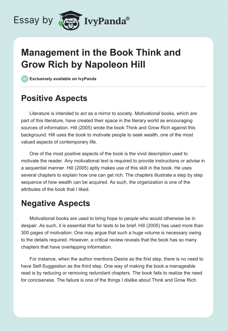 Management in the Book Think and Grow Rich by Napoleon Hill. Page 1
