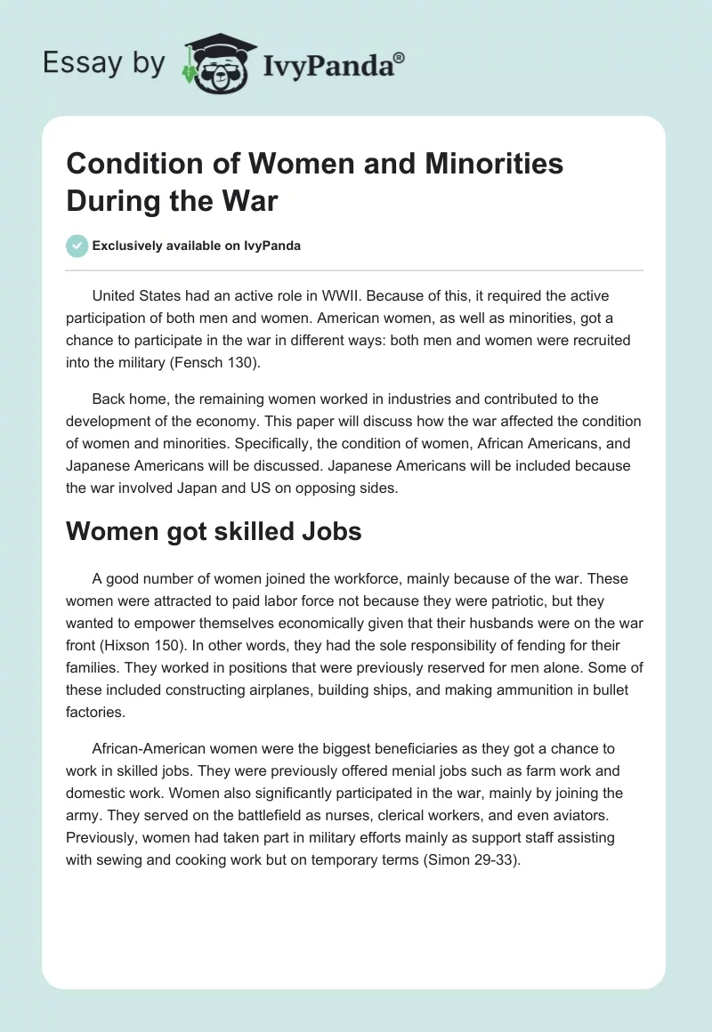 Condition of Women and Minorities During the War. Page 1