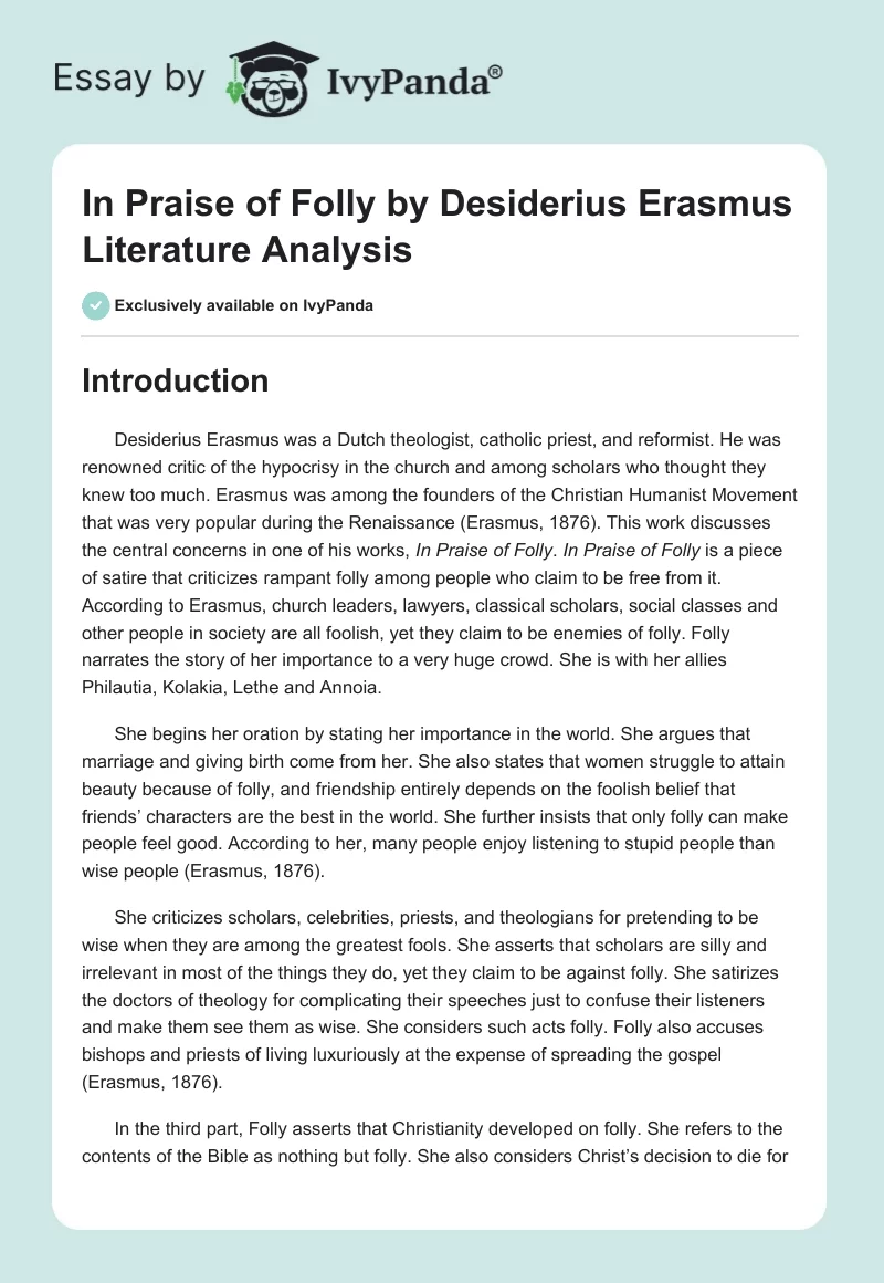 "In Praise of Folly" by Desiderius Erasmus Literature Analysis. Page 1