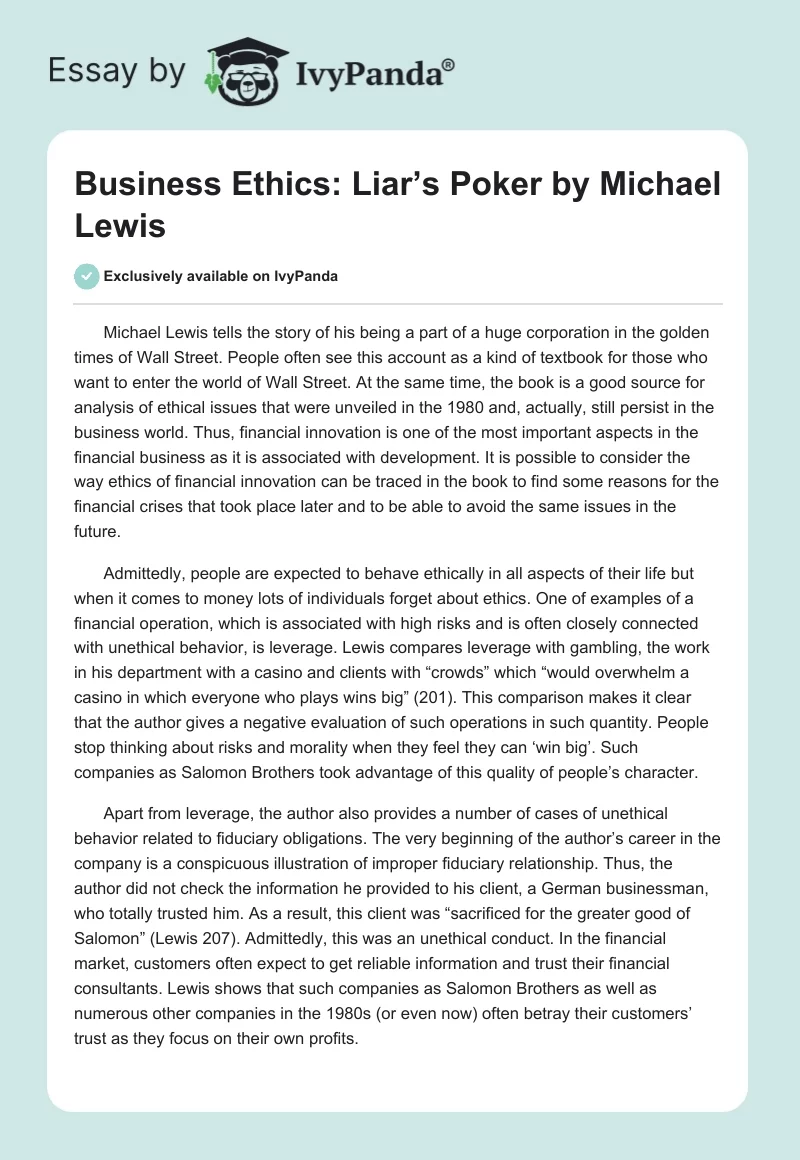 Business Ethics: "Liar’s Poker" by Michael Lewis. Page 1