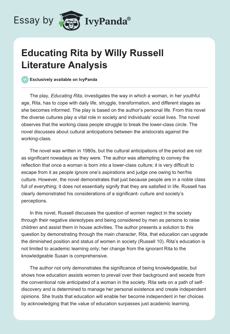 “Educating Rita” by Willy Russell: Literature Analysis. Page 1