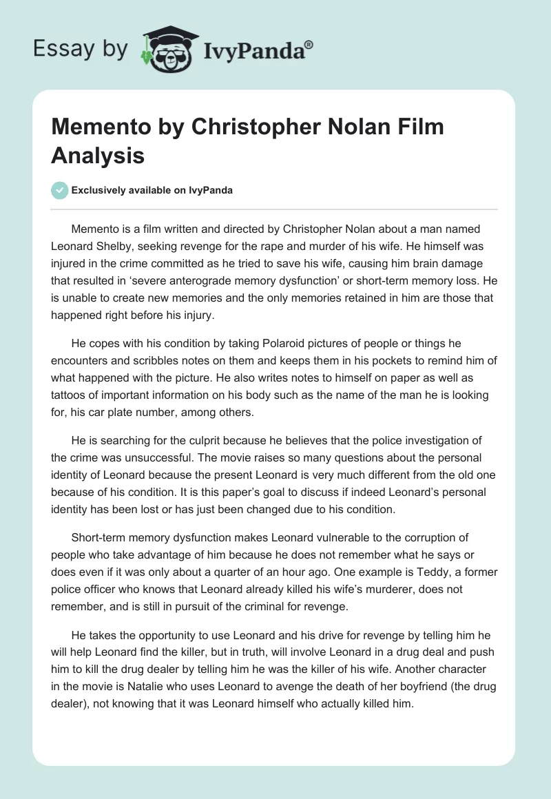 "Memento" by Christopher Nolan Film Analysis. Page 1
