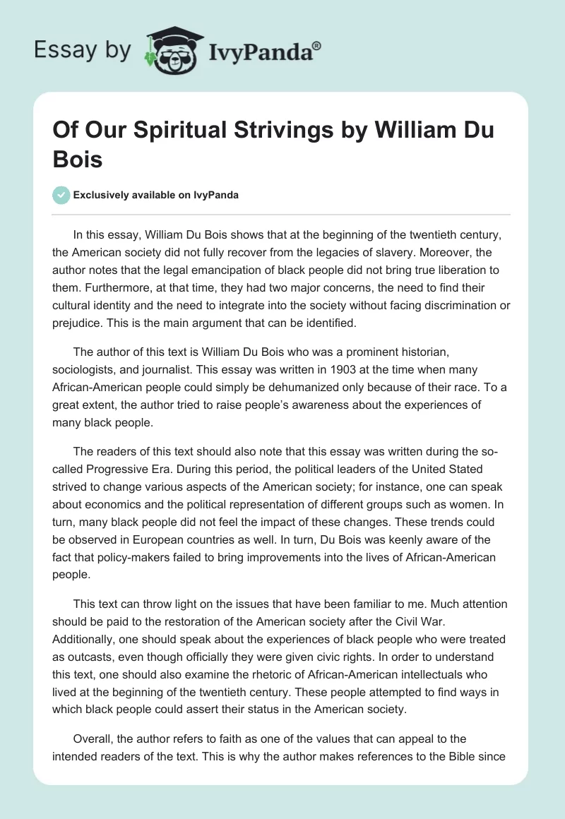 "Of Our Spiritual Strivings" by William Du Bois. Page 1
