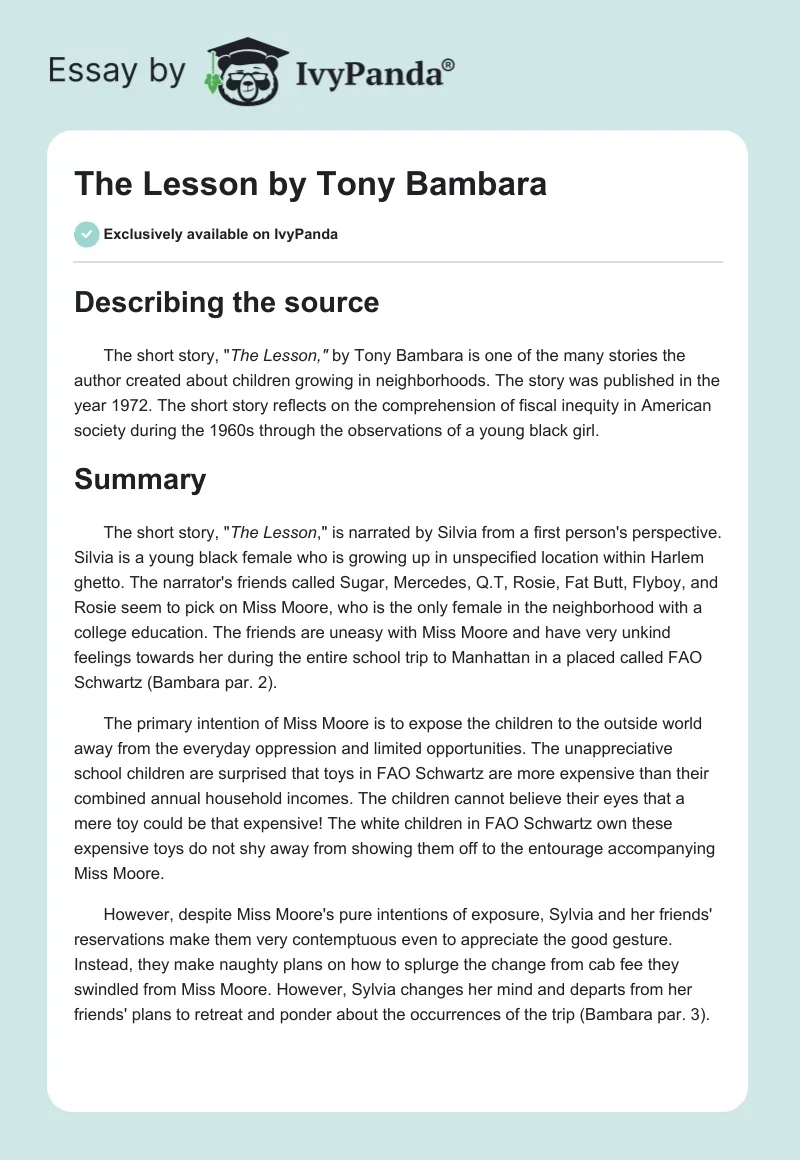 "The Lesson" by Tony Bambara. Page 1