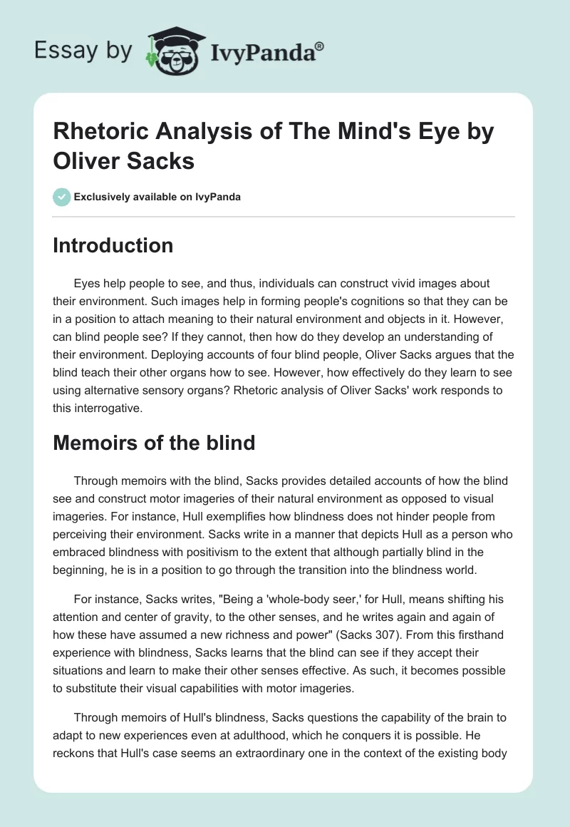 Rhetoric Analysis of The Mind's Eye by Oliver Sacks. Page 1
