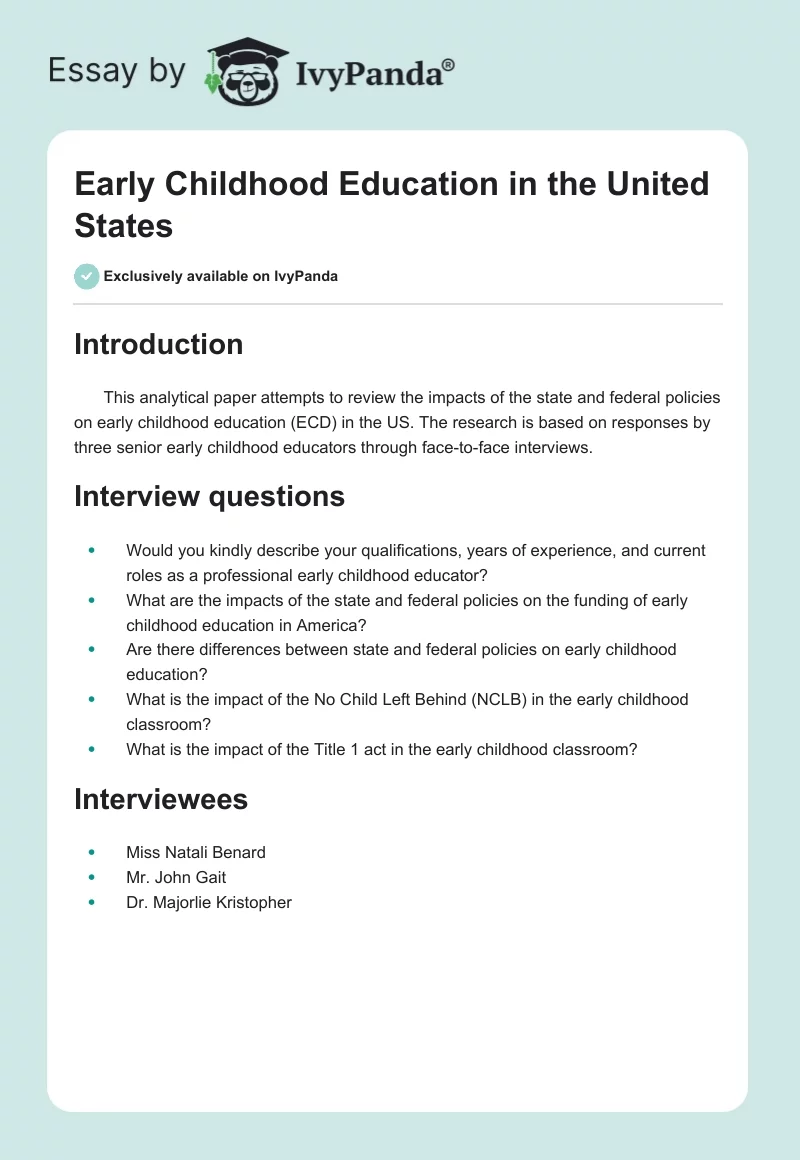 Early Childhood Education in the United States. Page 1