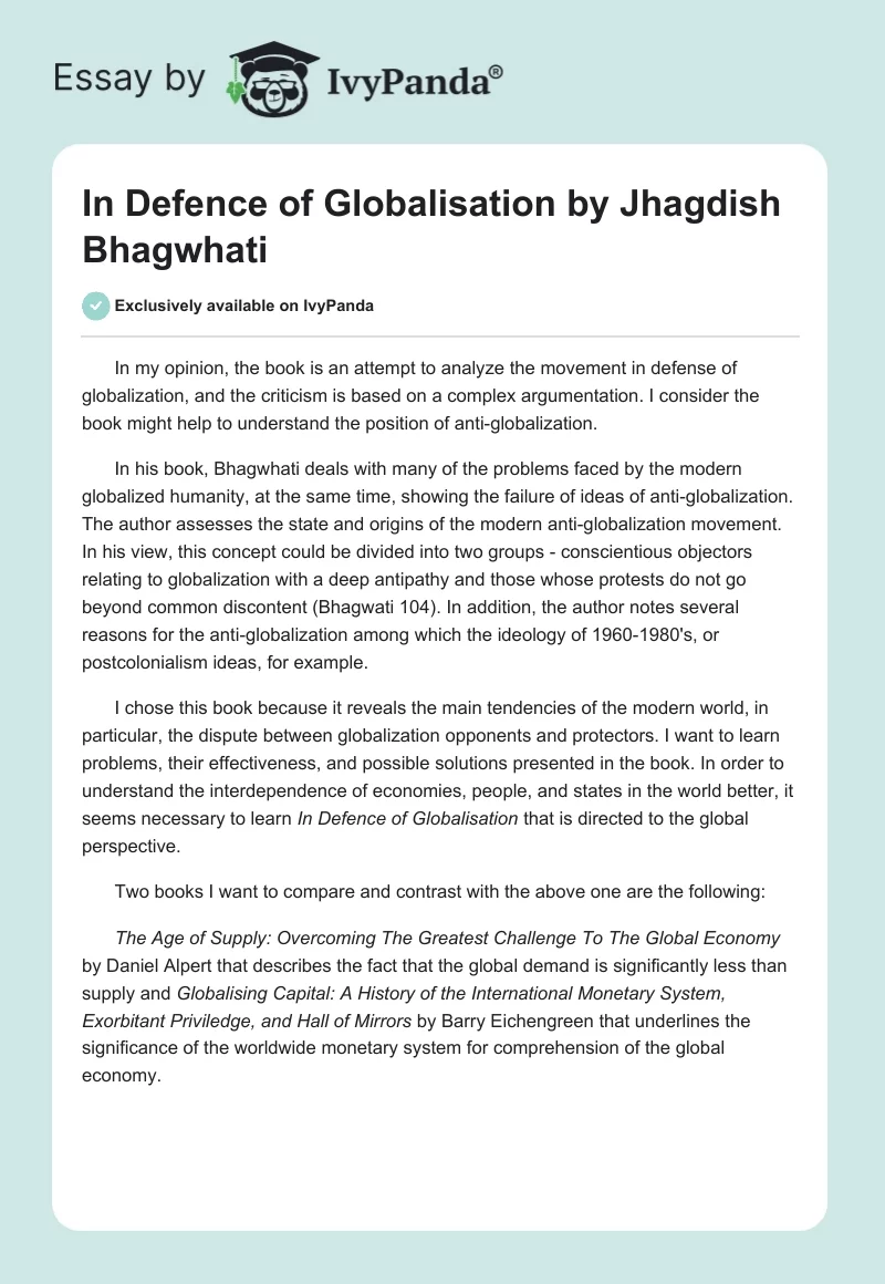 "In Defence of Globalisation" by Jhagdish Bhagwhati. Page 1