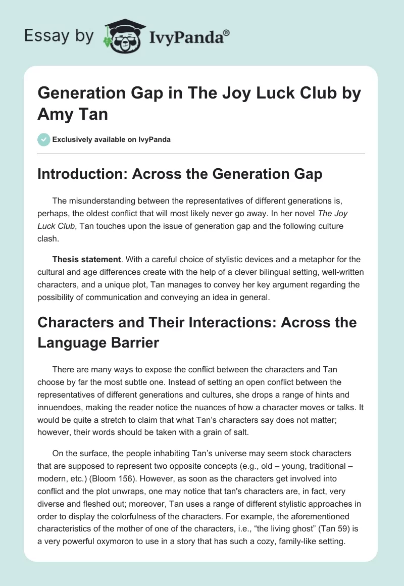 Generation Gap in "The Joy Luck Club" by Amy Tan. Page 1