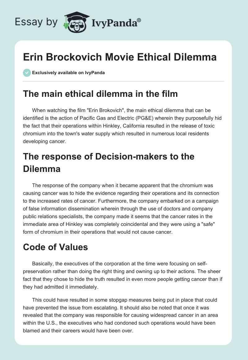 "Erin Brockovich" Movie Ethical Dilemma. Page 1