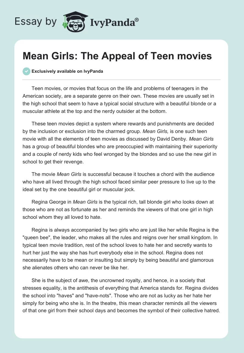 Mean Girls: The Appeal of Teen Movies. Page 1