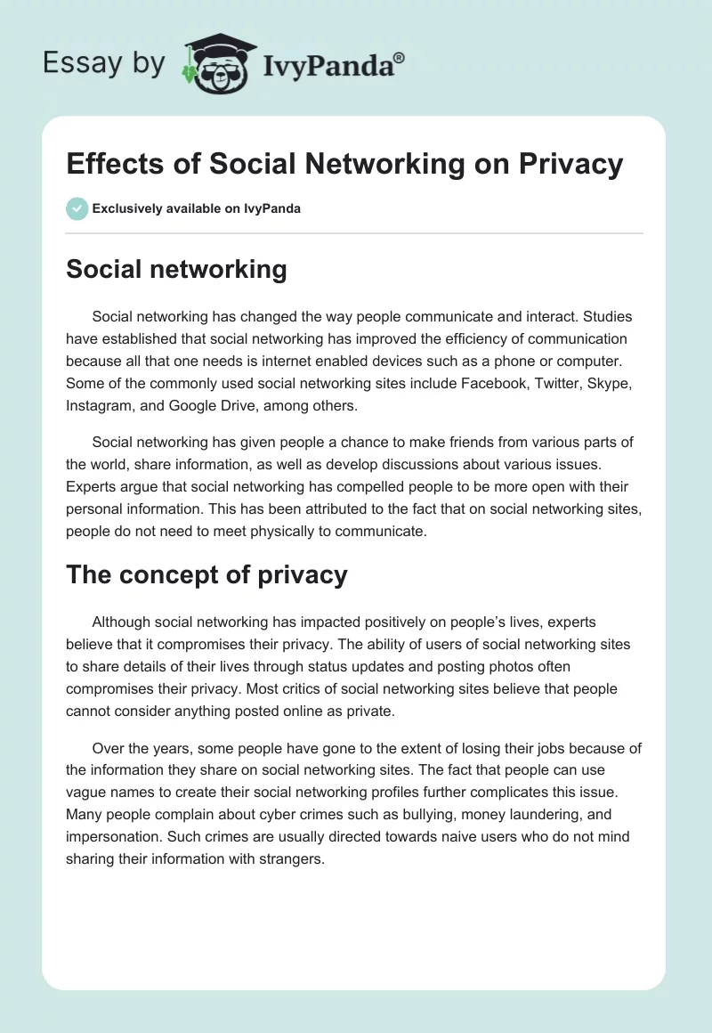 Effects of Social Networking on Privacy. Page 1