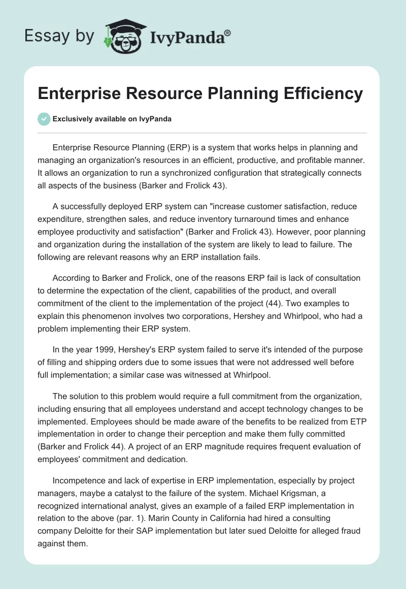 Enterprise Resource Planning Efficiency. Page 1