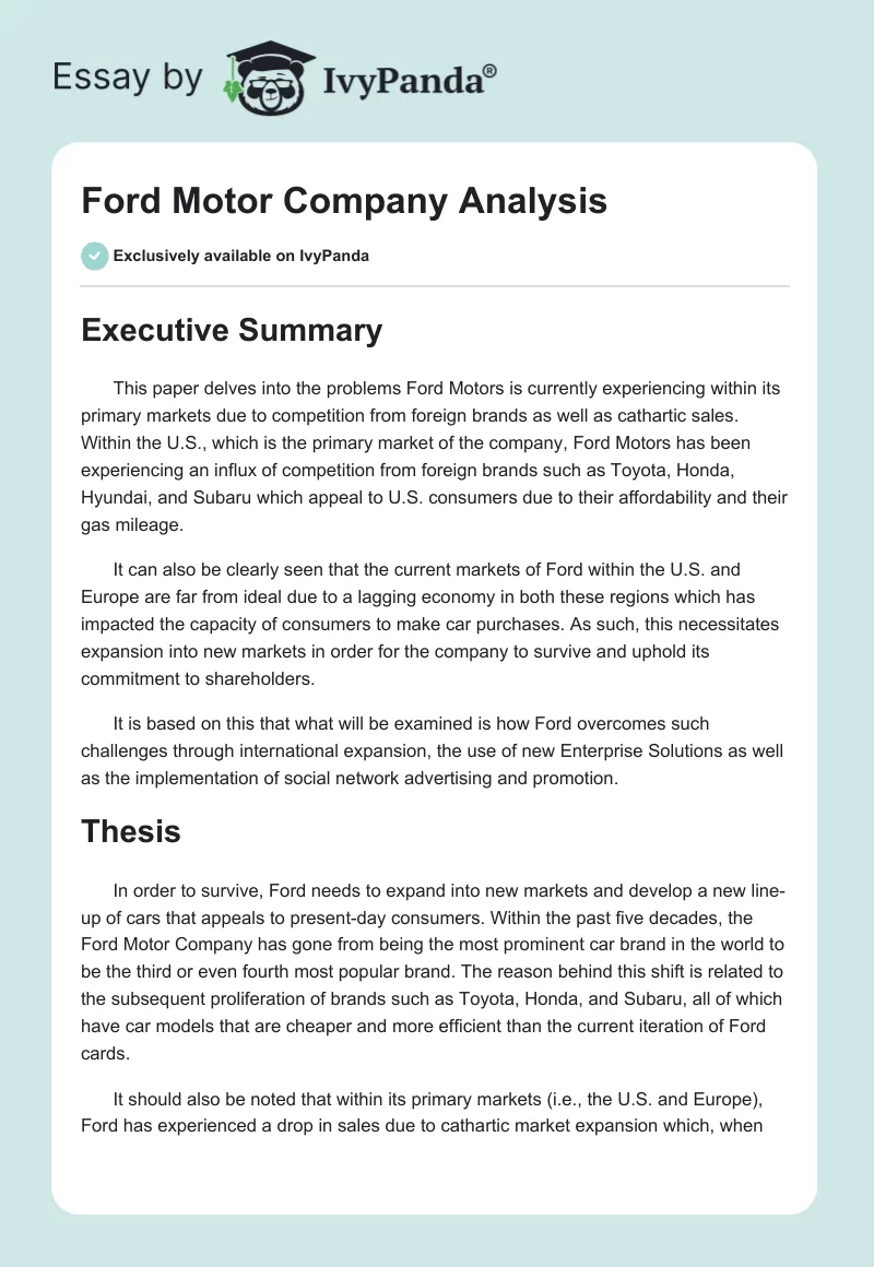 Ford Motor Company Analysis. Page 1