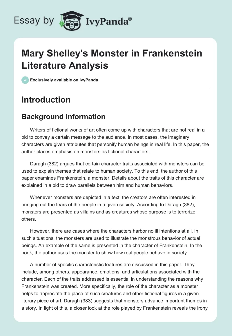 Mary Shelley's Monster in Frankenstein Literature Analysis. Page 1
