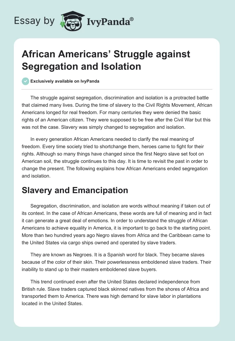 African Americans’ Struggle Against Segregation and Isolation. Page 1