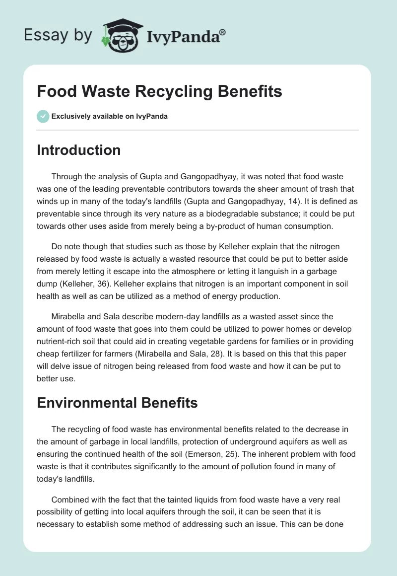 Food Waste Recycling Benefits. Page 1