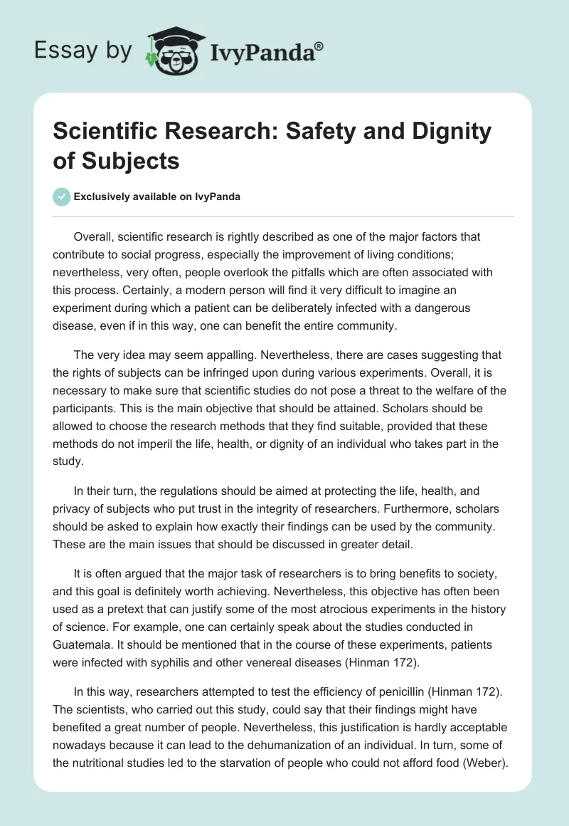 Scientific Research: Safety and Dignity of Subjects. Page 1