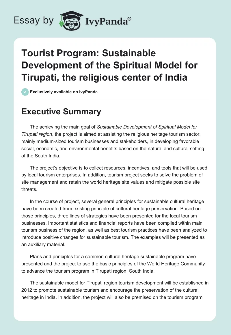 Tourist Program: Sustainable Development of the Spiritual Model for Tirupati, the religious center of India. Page 1