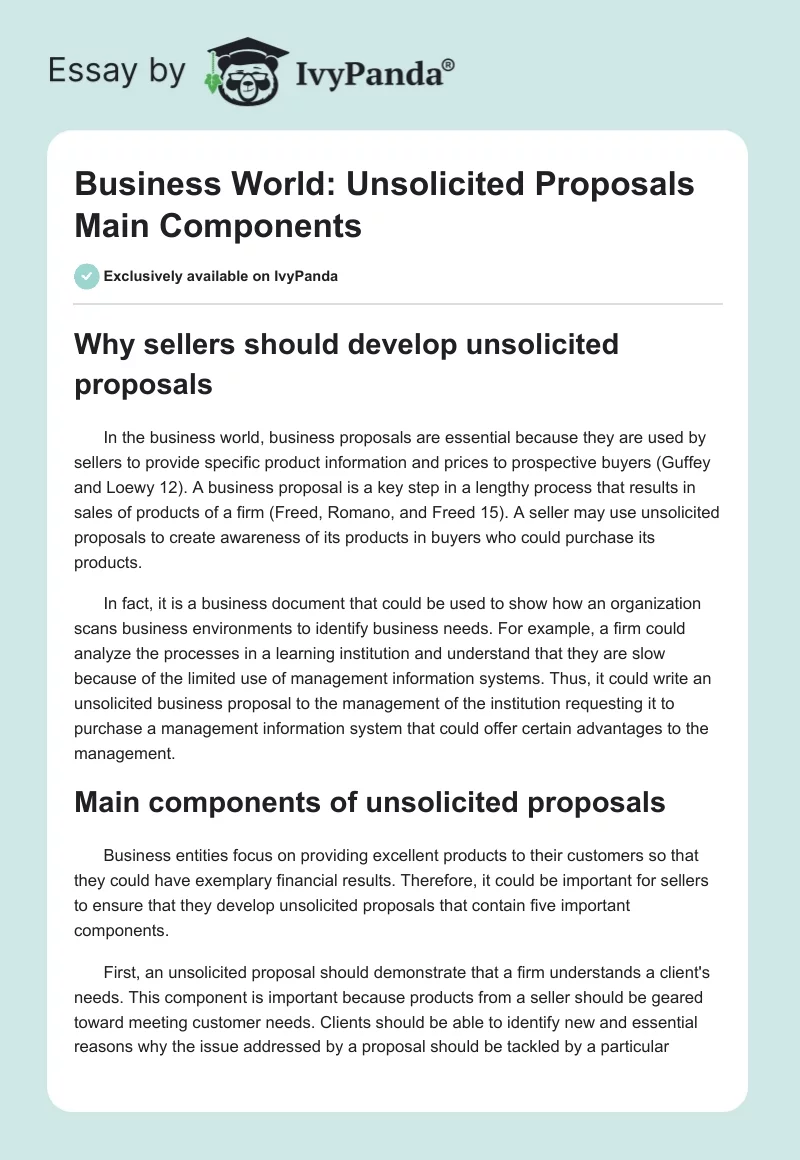 Business World: Unsolicited Proposals Main Components. Page 1