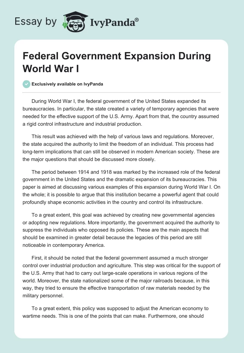 Federal Government Expansion During World War I. Page 1