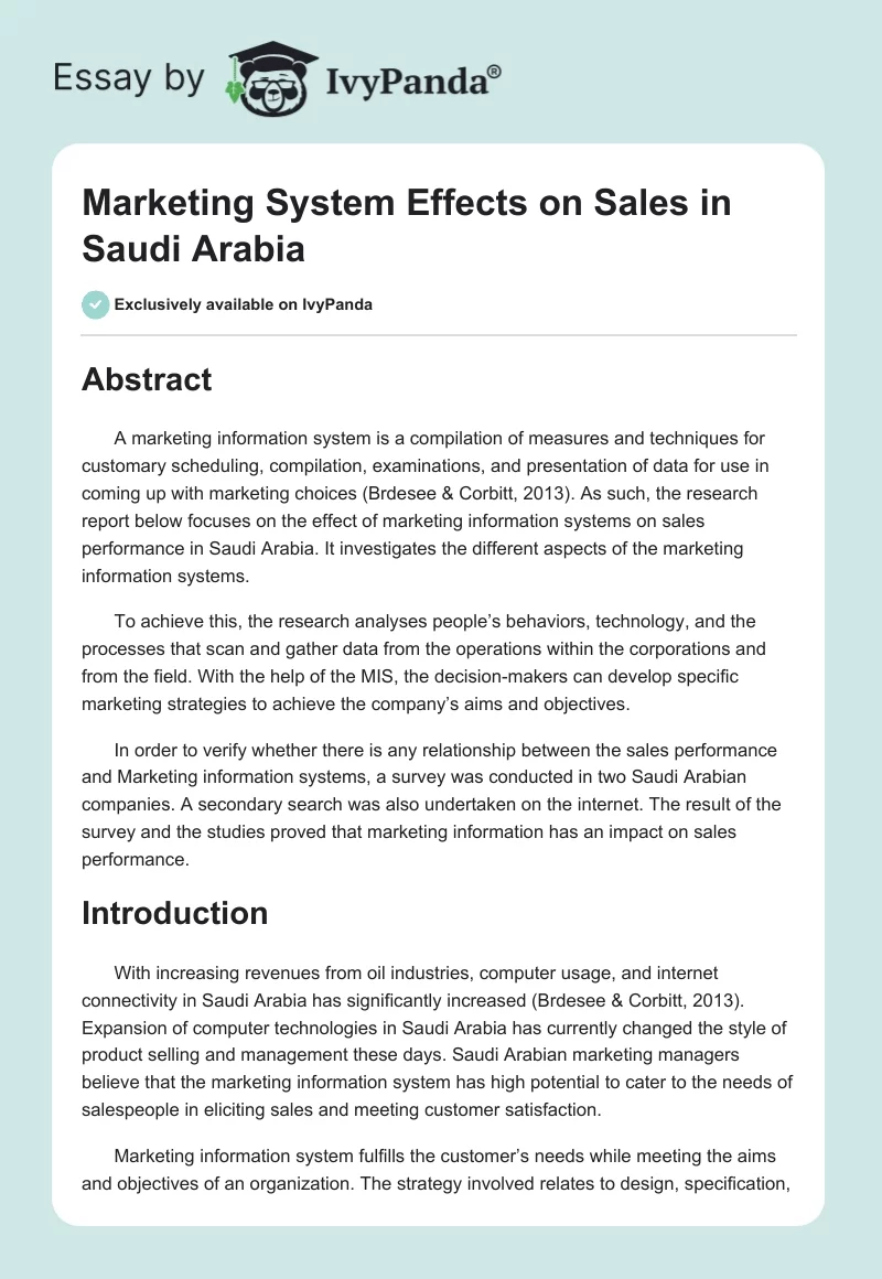 Marketing System Effects on Sales in Saudi Arabia. Page 1