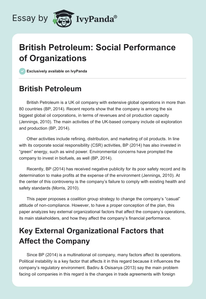 British Petroleum: Social Performance of Organizations. Page 1