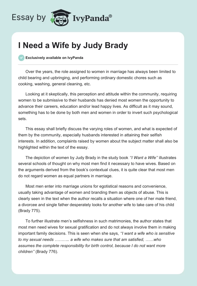 I Need a Wife by Judy Brady. Page 1