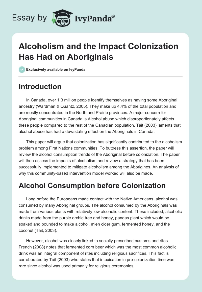 Alcoholism and the Impact Colonization Has Had on Aboriginals. Page 1