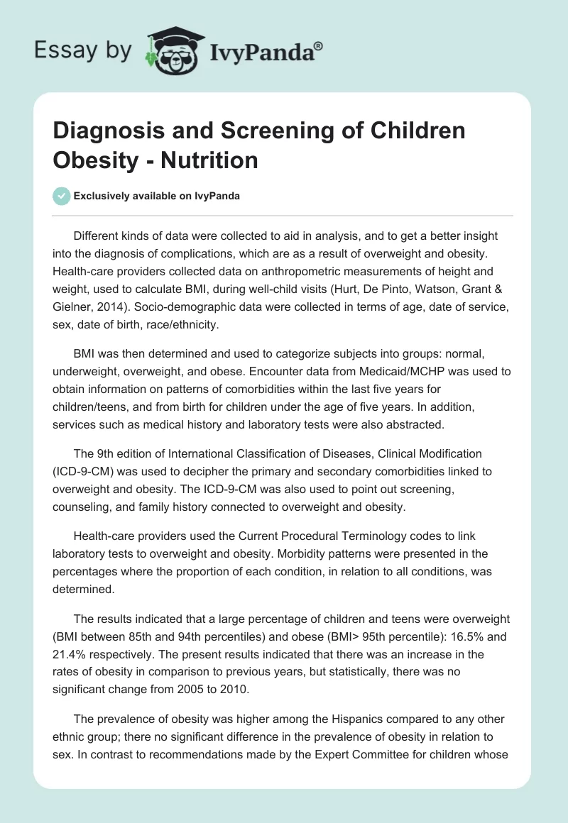 Diagnosis and Screening of Children Obesity - Nutrition. Page 1