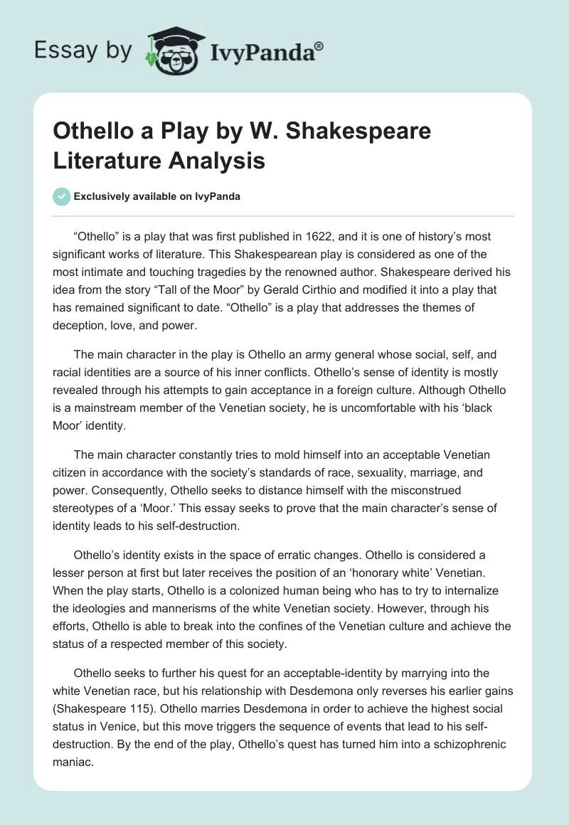 "Othello" a Play by W. Shakespeare Literature Analysis. Page 1